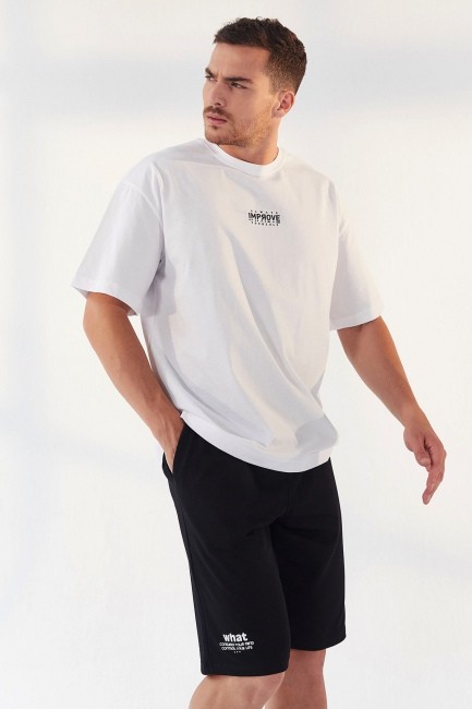 Beyaz Küçük Yazı Baskılı O Yaka Erkek Oversize T-Shirt - 87985