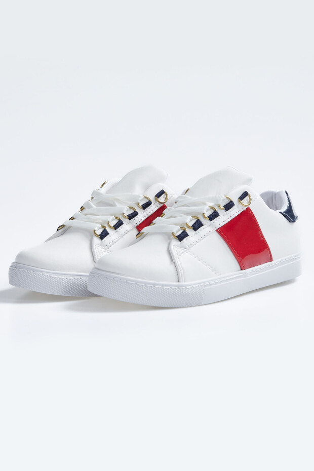 Beyaz - Lacivert Bağcıklı Şerit Detaylı Suni Deri Kadın Spor Ayakkabı - 89202