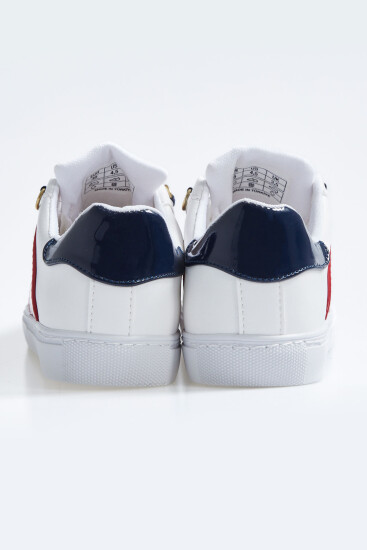 Beyaz - Lacivert Bağcıklı Şerit Detaylı Suni Deri Kadın Spor Ayakkabı - 89202 - Thumbnail