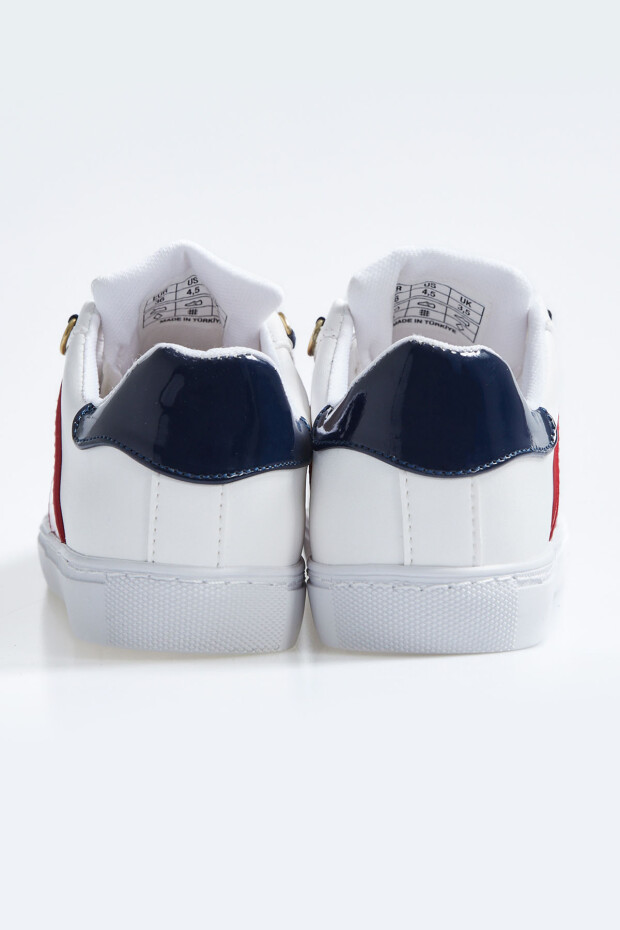 Beyaz - Lacivert Bağcıklı Şerit Detaylı Suni Deri Kadın Spor Ayakkabı - 89202