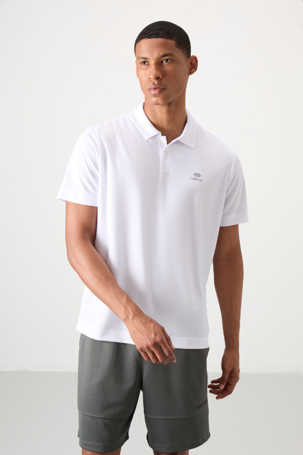 Beyaz Logo Baskılı Standart Kalıp Polo Yaka Aktif Spor Erkek T-Shirt - 88252 - 2
