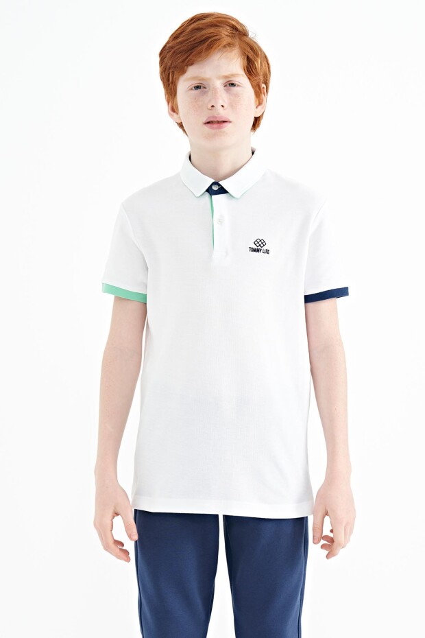 Beyaz Logo Nakışlı Standart Kalıp Polo Yaka Erkek Çocuk T-Shirt - 11083