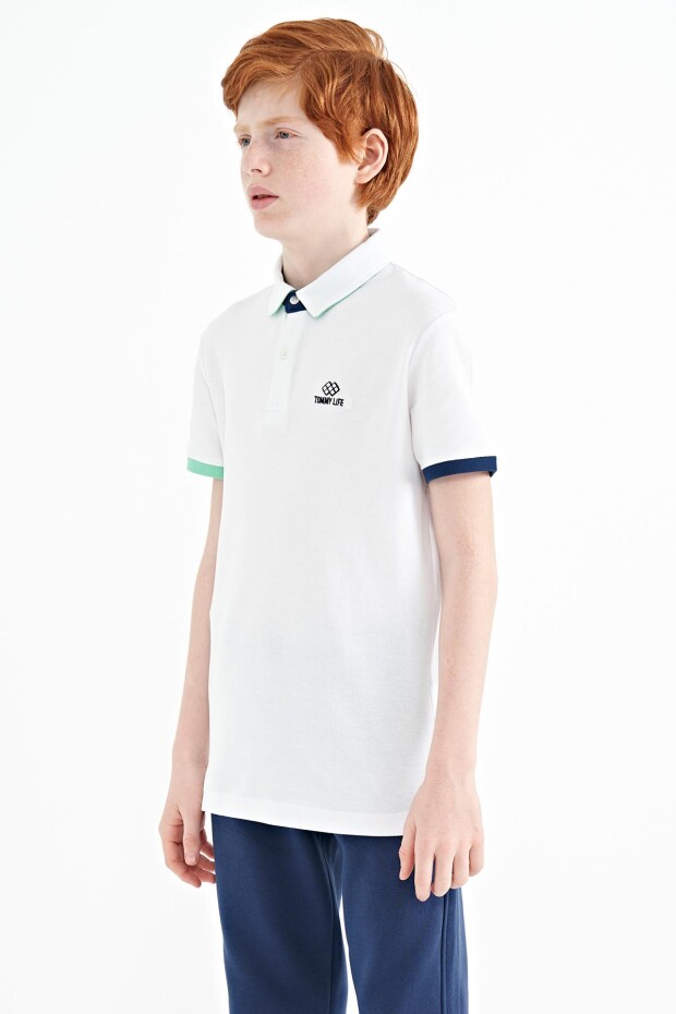 Beyaz Logo Nakışlı Standart Kalıp Polo Yaka Erkek Çocuk T-Shirt - 11083