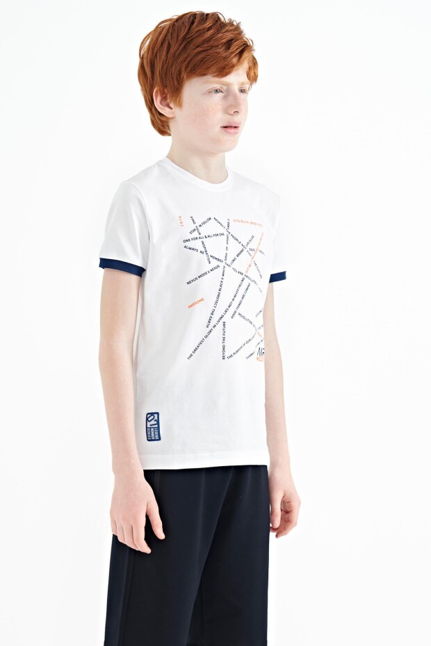 Beyaz Minimal Yazı Baskılı Standart Kalıp O Yaka Erkek Çocuk T-Shirt - 11132