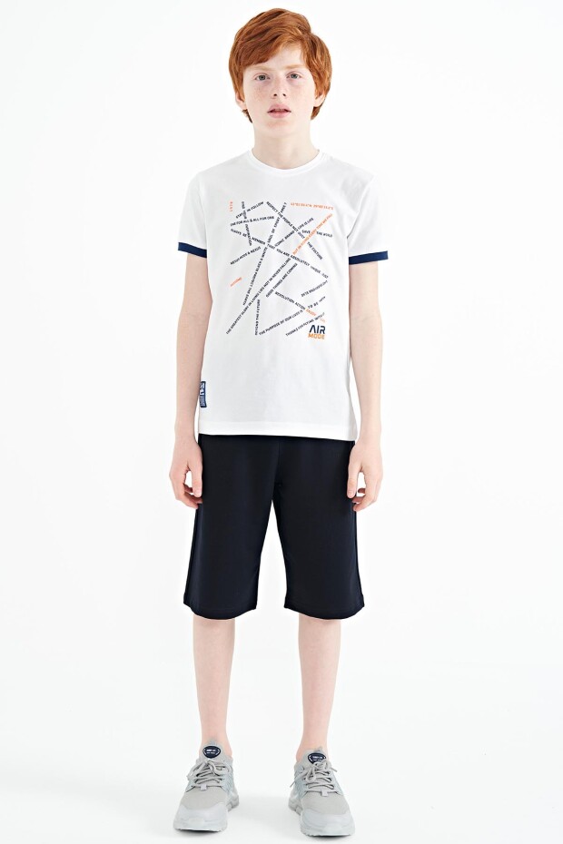 Beyaz Minimal Yazı Baskılı Standart Kalıp O Yaka Erkek Çocuk T-Shirt - 11132