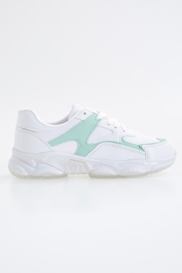 Beyaz - Mint Yeşil Bağcıklı Yüksek Taban Günlük Kadın Spor Ayakkabı - 89072 - Thumbnail