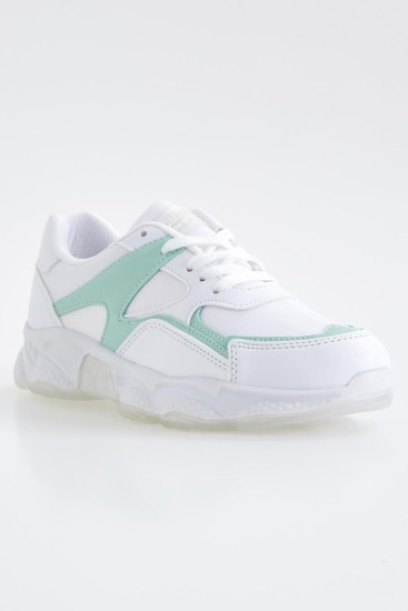 Beyaz - Mint Yeşil Bağcıklı Yüksek Taban Günlük Kadın Spor Ayakkabı - 89072 - Thumbnail