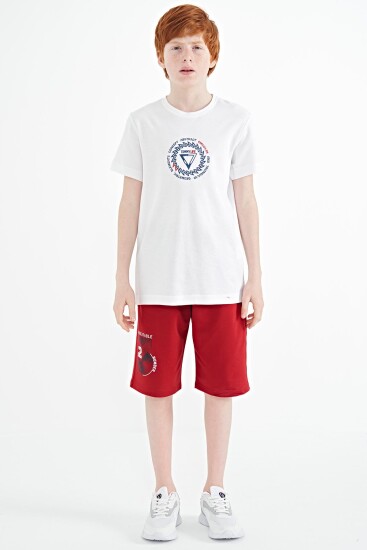 Beyaz Nakış İşleme Detaylı O Yaka Standart Kalıp Erkek Çocuk T-Shirt - 11115 