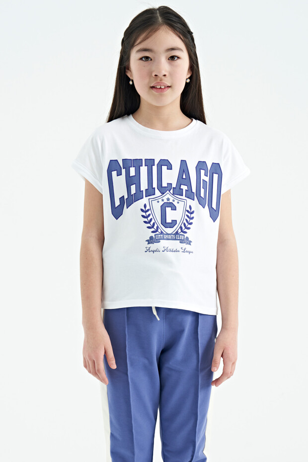 Beyaz O Yaka Düşük Omuzlu Rahat Form Kısa Kollu Kız Çocuk T-Shirt - 75128