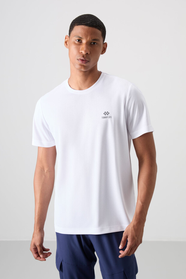Beyaz O Yaka Standart Kalıp Logo Desenli Aktif Spor Erkek T-Shirt - 88255