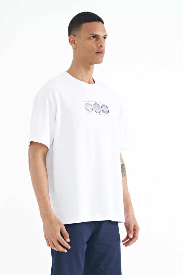 Beyaz Ön Arka Baskılı O Yaka Oversize Erkek T-shirt - 88224