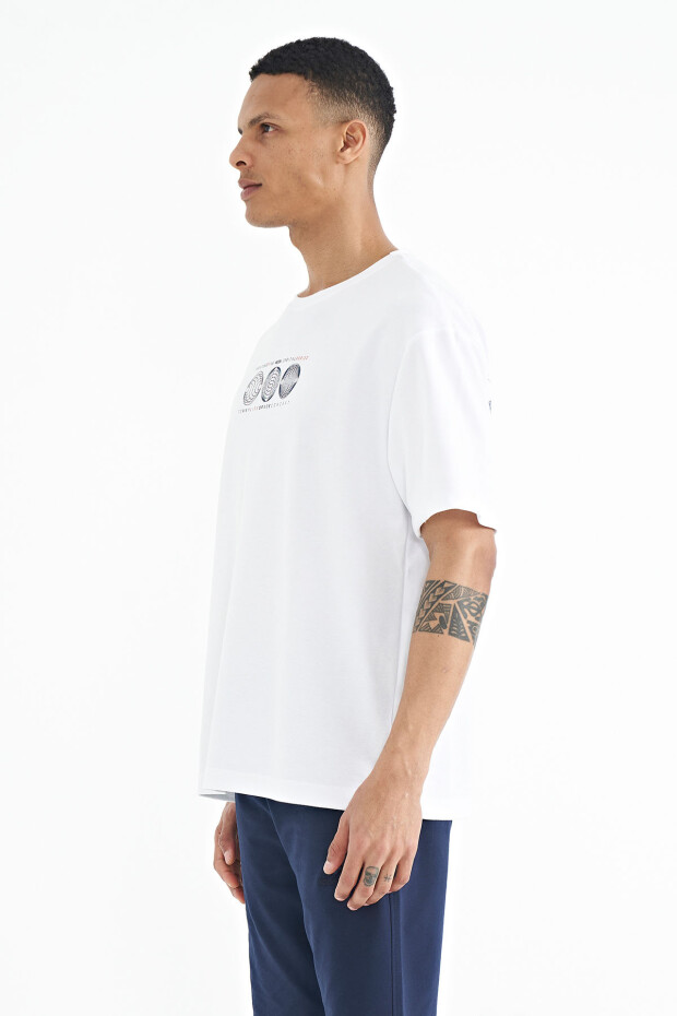 Beyaz Ön Arka Baskılı O Yaka Oversize Erkek T-shirt - 88224