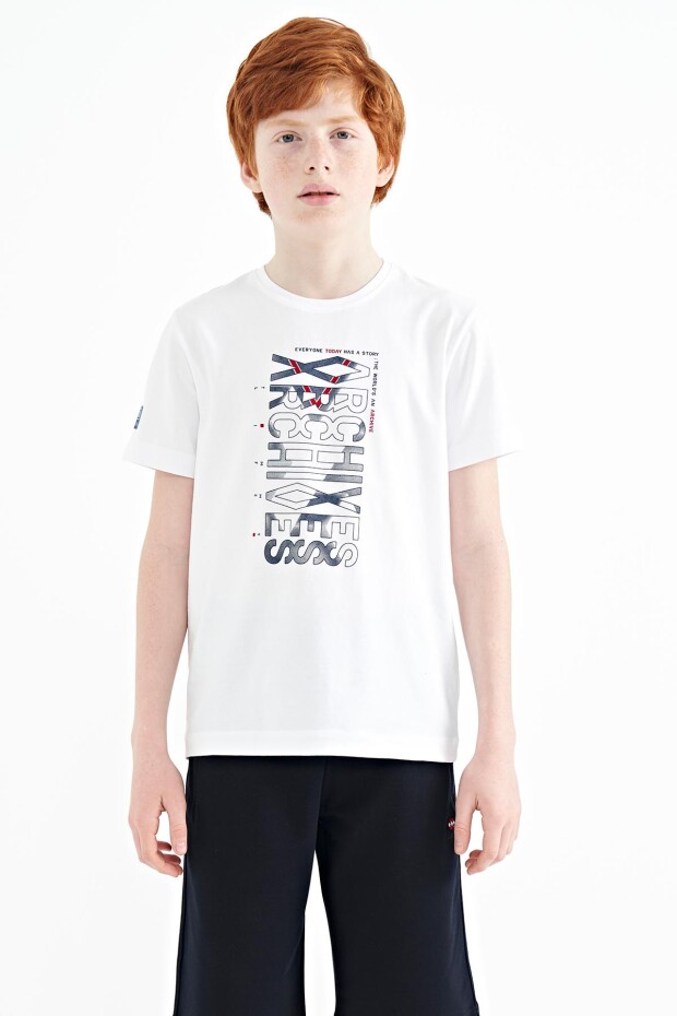 Beyaz Ön Baskı Detaylı O Yaka Standart Kalıp Erkek Çocuk T-Shirt - 11099
