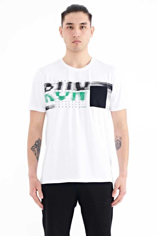 Beyaz Ön Cep Detaylı Baskılı Standart Kalıp Erkek T-shirt - 88200