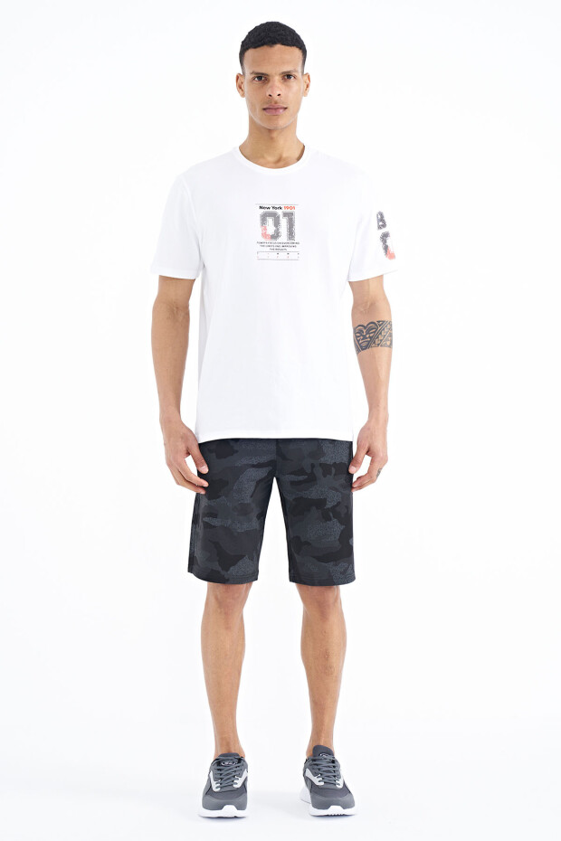 Beyaz Ön ve Tek Kol Baskı Detaylı O Yaka Erkek T-shirt - 88176