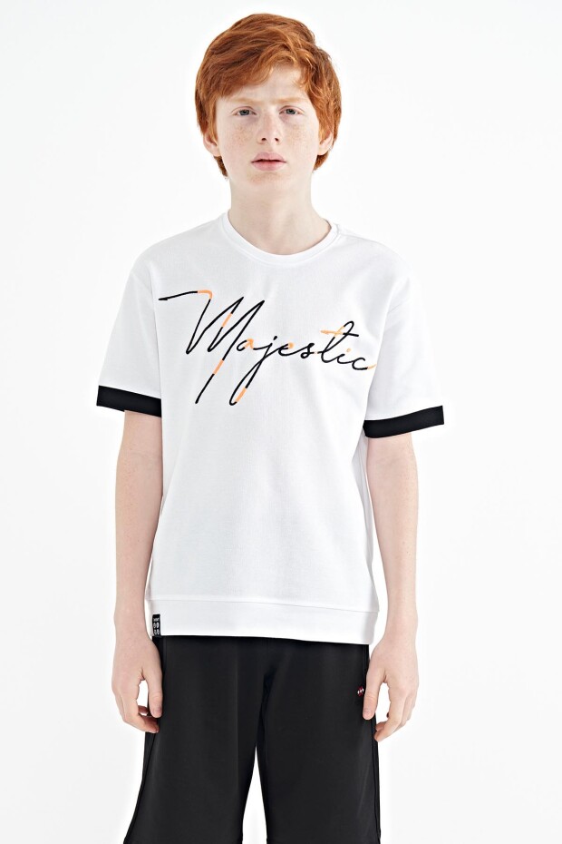 Beyaz Ön Yazı Nakışlı O Yaka Oversize Erkek Çocuk T-Shirt - 11147
