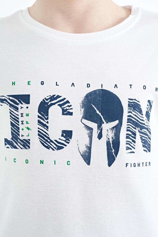 Beyaz Ön Yazı Nakışlı O Yaka Standart Kalıp Erkek Çocuk T-Shirt - 11118 - 9