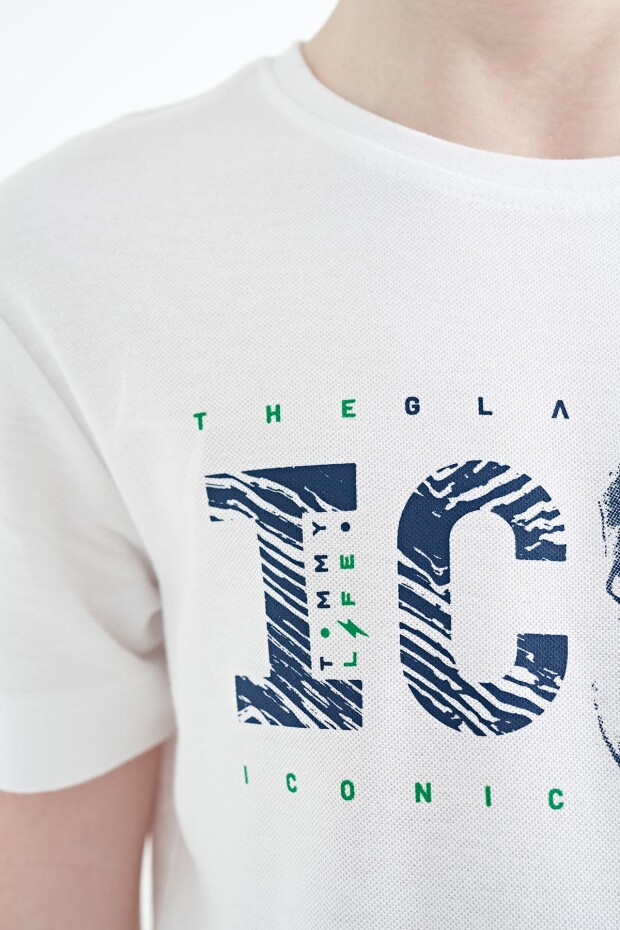 Beyaz Ön Yazı Nakışlı O Yaka Standart Kalıp Erkek Çocuk T-Shirt - 11118 - 8