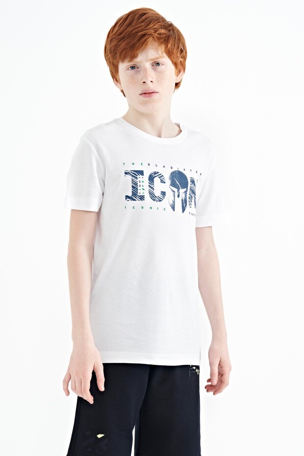 Beyaz Ön Yazı Nakışlı O Yaka Standart Kalıp Erkek Çocuk T-Shirt - 11118 - 6