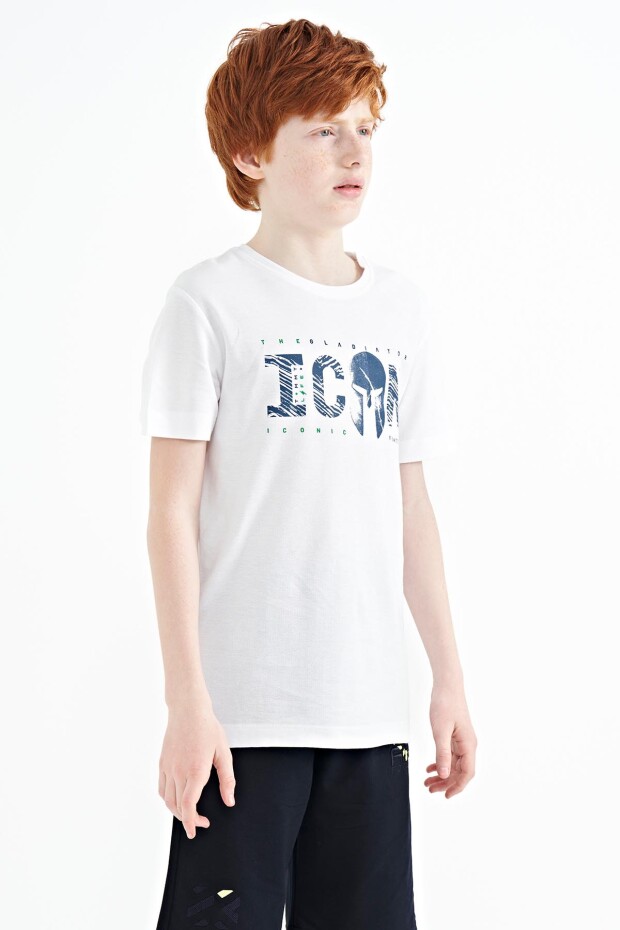 Beyaz Ön Yazı Nakışlı O Yaka Standart Kalıp Erkek Çocuk T-Shirt - 11118 - 5