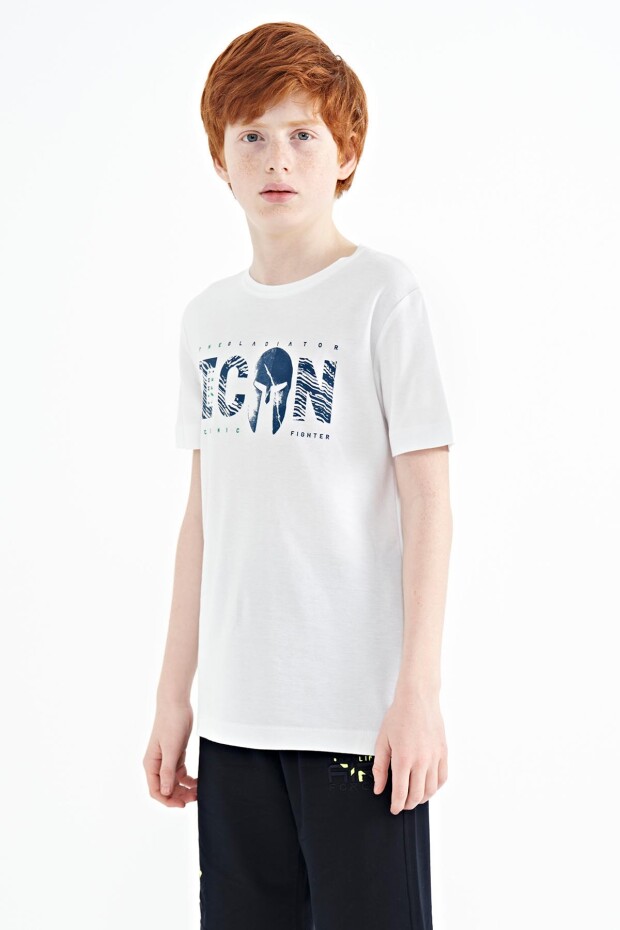 Beyaz Ön Yazı Nakışlı O Yaka Standart Kalıp Erkek Çocuk T-Shirt - 11118 - 4
