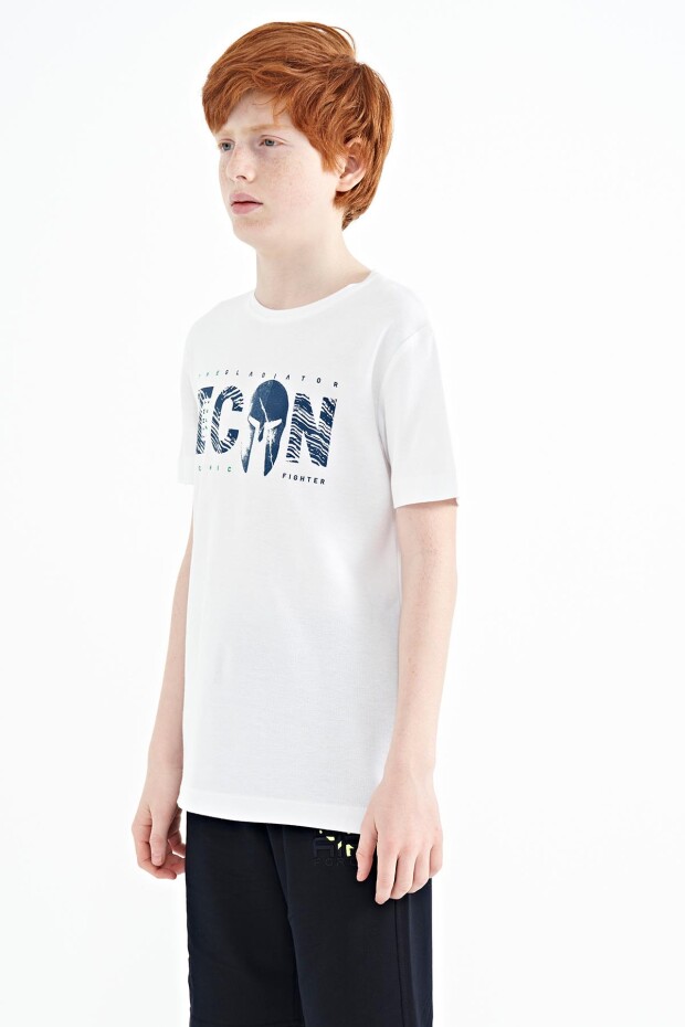 Beyaz Ön Yazı Nakışlı O Yaka Standart Kalıp Erkek Çocuk T-Shirt - 11118 - 3
