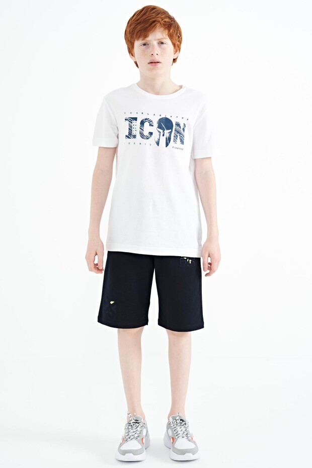 Beyaz Ön Yazı Nakışlı O Yaka Standart Kalıp Erkek Çocuk T-Shirt - 11118 - 2