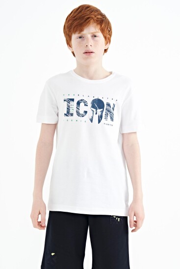 Beyaz Ön Yazı Nakışlı O Yaka Standart Kalıp Erkek Çocuk T-Shirt - 11118 