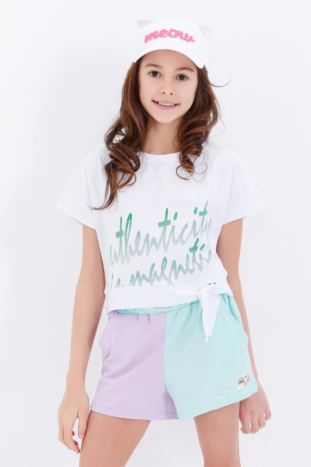 Beyaz Oversize Yazı Baskılı Beli Bağlama Detaylı O Yaka Kız Çocuk T-Shirt - 75045