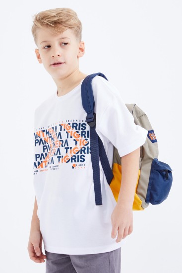 Beyaz Oversize Yazı Baskılı Kısa Kollu O Yaka Erkek Çocuk T-Shirt - 10930 