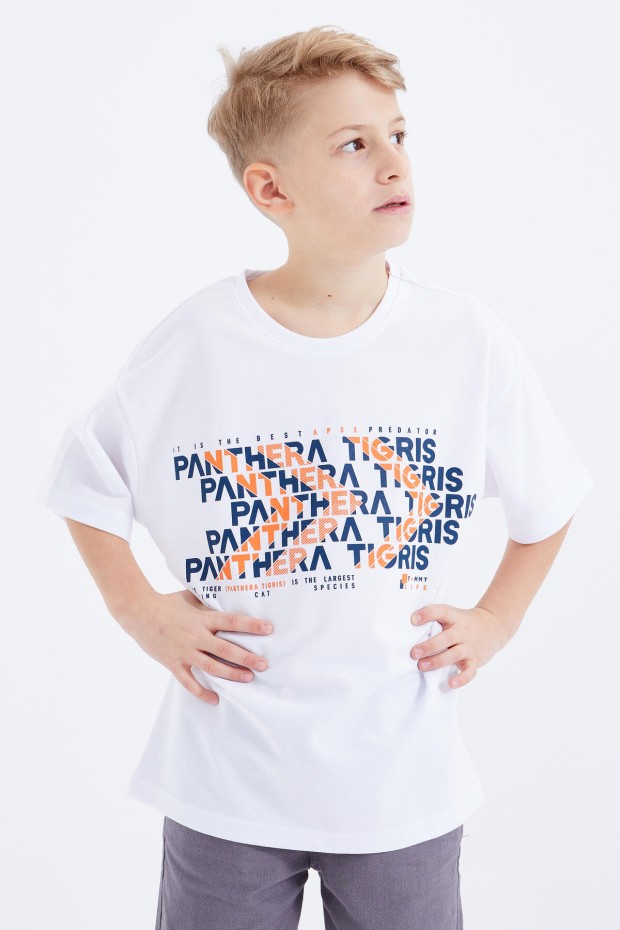 Beyaz Oversize Yazı Baskılı Kısa Kollu O Yaka Erkek Çocuk T-Shirt - 10930