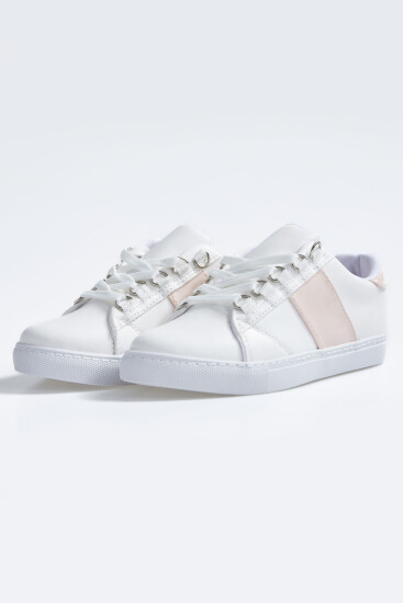 Beyaz - Pembe Bağcıklı Şerit Detaylı Suni Deri Kadın Spor Ayakkabı - 89202 - Thumbnail
