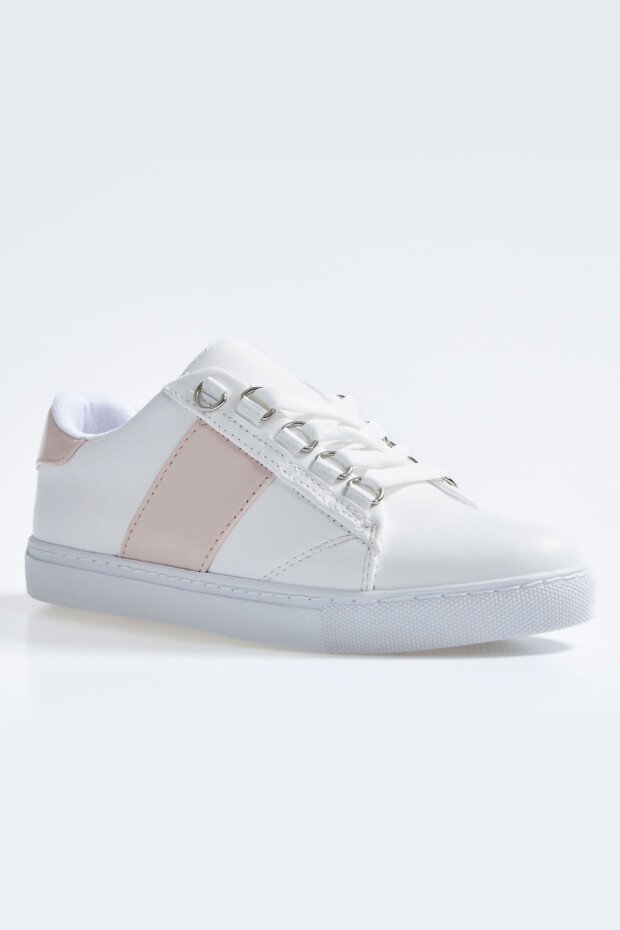 Beyaz - Pembe Bağcıklı Şerit Detaylı Suni Deri Kadın Spor Ayakkabı - 89202