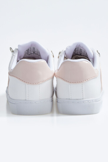Beyaz - Pembe Bağcıklı Şerit Detaylı Suni Deri Kadın Spor Ayakkabı - 89202 - Thumbnail