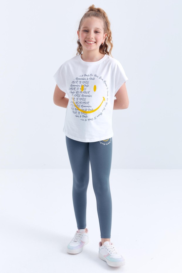 Beyaz - Petrol Emoji Baskılı Kısa Kollu O Yaka Kız Çocuk Tayt Takım - 75062