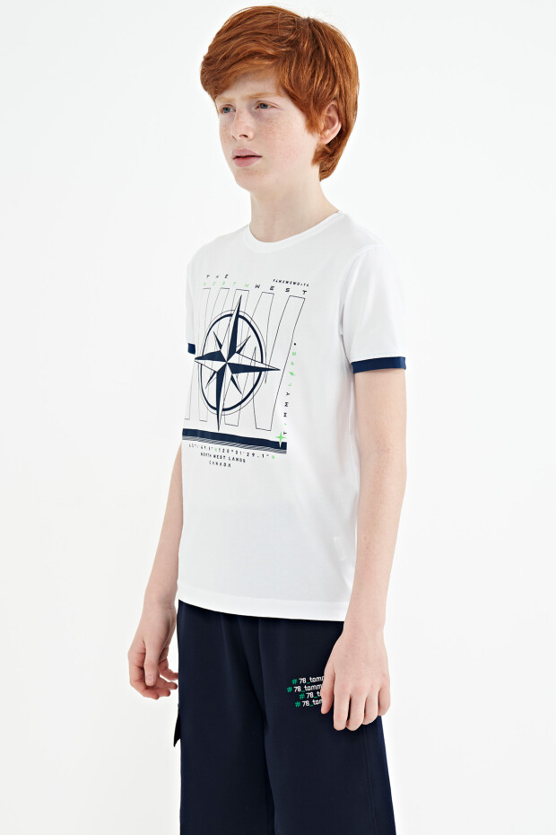 Beyaz Pusula Baskılı Standart Kalıp O Yaka Erkek Çocuk T-Shirt - 11106