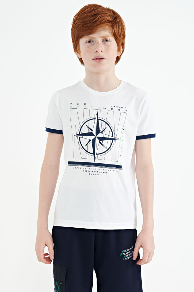 Beyaz Pusula Baskılı Standart Kalıp O Yaka Erkek Çocuk T-Shirt - 11106