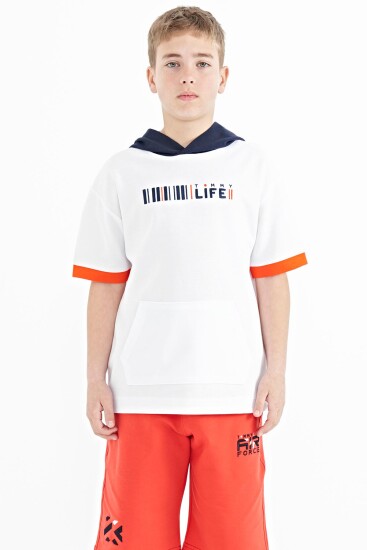 Beyaz Renk Bloklu Kapüşonlu Kanguru Cepli Oversize Erkek Çocuk T-Shirt - 11148 