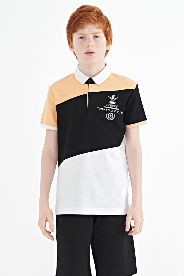 Beyaz Renk Bloklu Nakış Detaylı Standart Kalıp Polo Yaka Erkek Çocuk T-Shirt - 11088