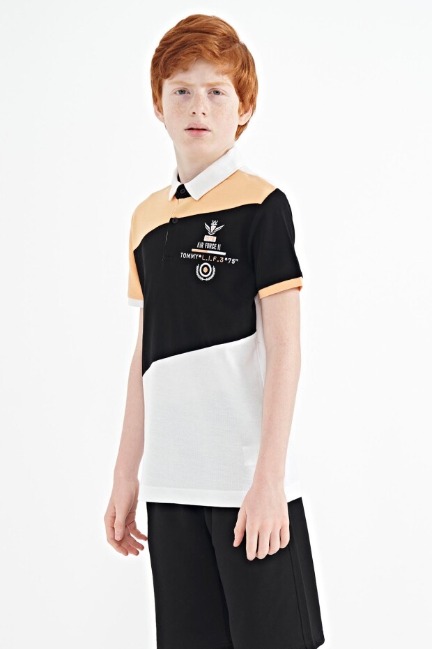 Beyaz Renk Bloklu Nakış Detaylı Standart Kalıp Polo Yaka Erkek Çocuk T-Shirt - 11088
