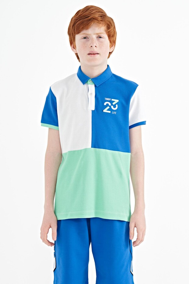 Beyaz Renk Bloklu Nakış Detaylı Standart Kalıp Polo Yaka Erkek Çocuk T-Shirt - 11108