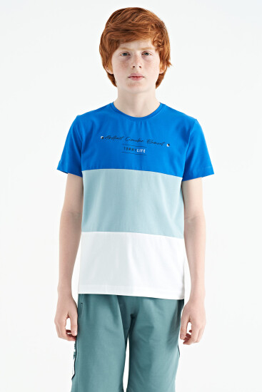 Beyaz Renk Bloklu O Yaka Baskı Detaylı Standart Kalıp Erkek Çocuk T-Shirt - 11135 