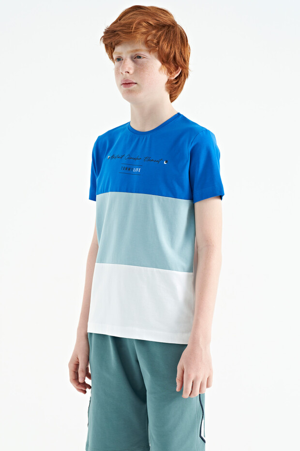 Beyaz Renk Bloklu O Yaka Baskı Detaylı Standart Kalıp Erkek Çocuk T-Shirt - 11135 - 7