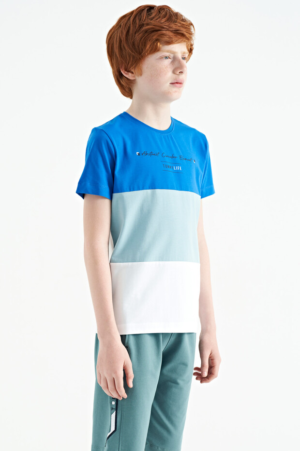 Beyaz Renk Bloklu O Yaka Baskı Detaylı Standart Kalıp Erkek Çocuk T-Shirt - 11135 - 9