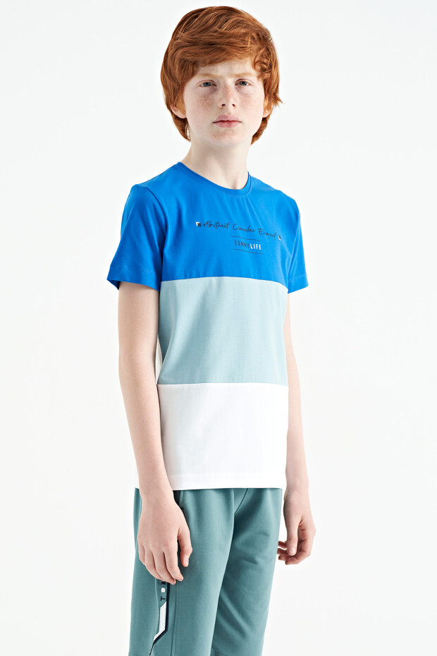Beyaz Renk Bloklu O Yaka Baskı Detaylı Standart Kalıp Erkek Çocuk T-Shirt - 11135 - 10