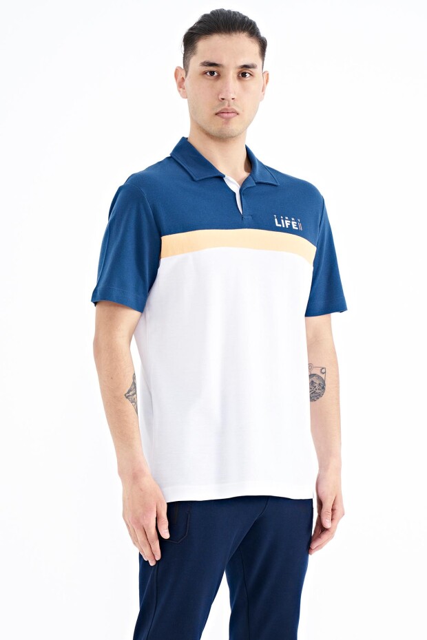 Beyaz Renk Geçişli Polo Yaka Standart Kalıp Erkek T-shirt - 88238