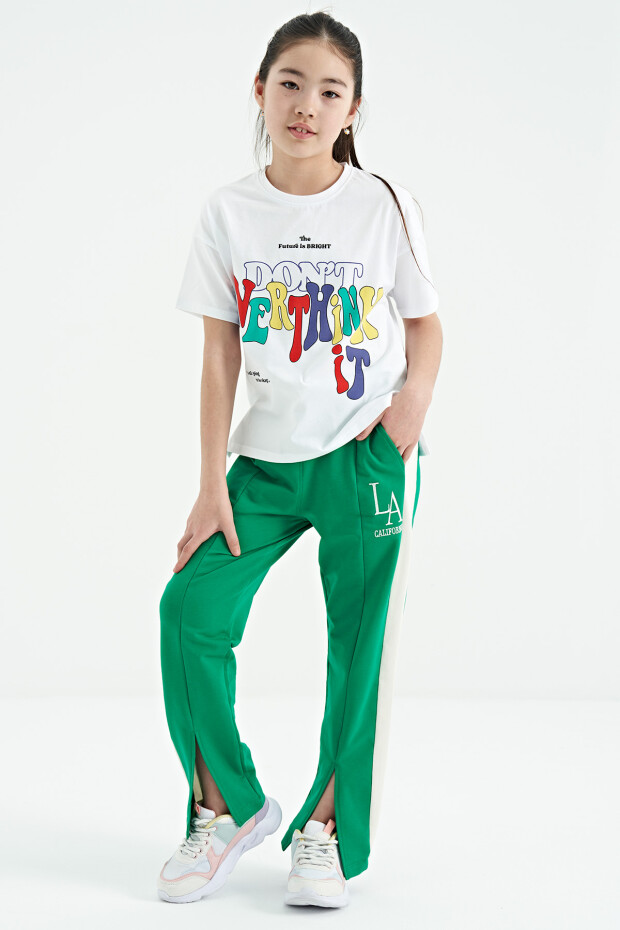 Beyaz Renki Yazı Baskılı O Yaka Oversize Kısa Kollu Kız Çocuk T-Shirt - 75112