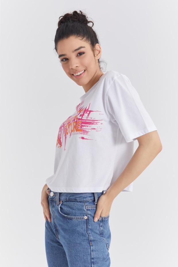 Beyaz Renkli Yazı Baskılı O Yaka Kadın Oversize T-Shirt - 97212