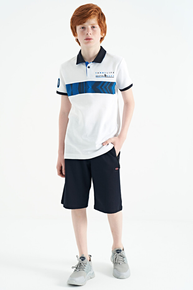 Beyaz Şerit Baskı Detaylı Pola Yaka Standart Kalıp Erkek Çocuk T-Shirt - 11162