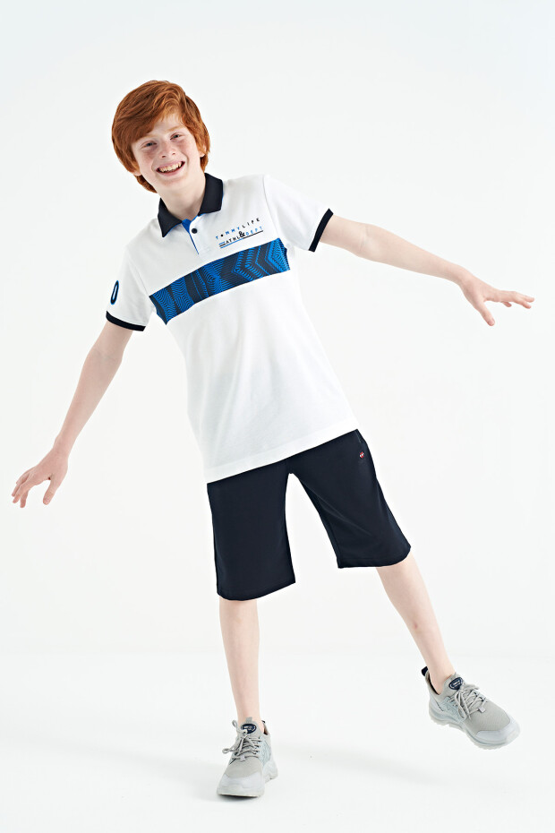 Beyaz Şerit Baskı Detaylı Pola Yaka Standart Kalıp Erkek Çocuk T-Shirt - 11162